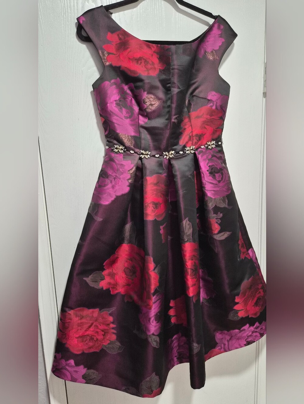 Eliza J Black Embellished Metallic Jacquard Floral Fit-and-Flare Dress Size 6 - Picture 3 of 14